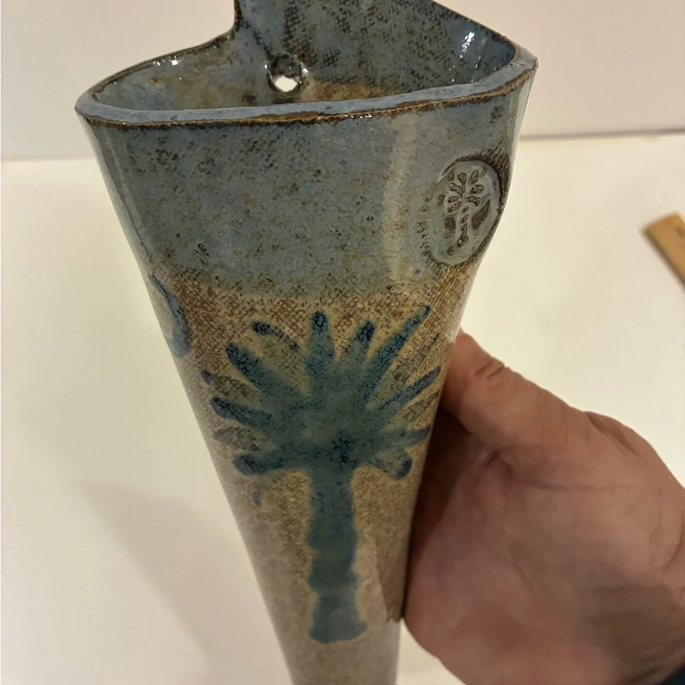 Pottery Wall Pocket Vase Blue Palm Tree with Brown Blue Backdrop S.C. Tree/Moon